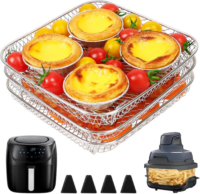 BYKITCHEN 7 Inch Air Fryer Rack Fit for Ninja Crispi/Ninja Pro 5QT/ Cosori 5QT/ Chefman 5-6QT Airfryer &More, Air Fryer Accessories, 3pcs Stackable Stainless Steel Airfryer Basket with Silicon Feet - Image 1